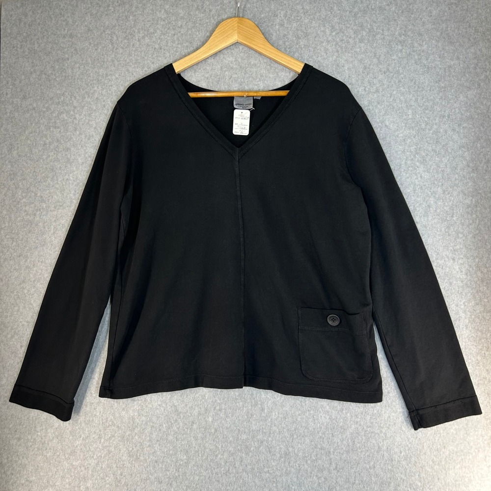 Prairie Cotton Black V-Neck‎ Long Sleeve Top Shirt Pocket Lagenlook Size Large